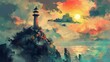 Colorful lighthouse on a cliff at sunset - A mesmerizing artwork of a lighthouse on a cliff with stunning hues of sunset in the sky and serene sea below