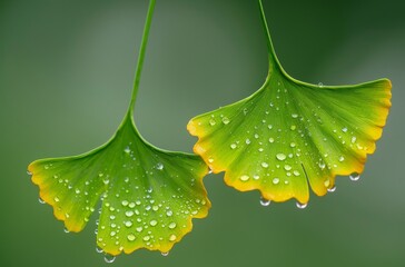 Wall Mural - Two leaves with water droplets on them