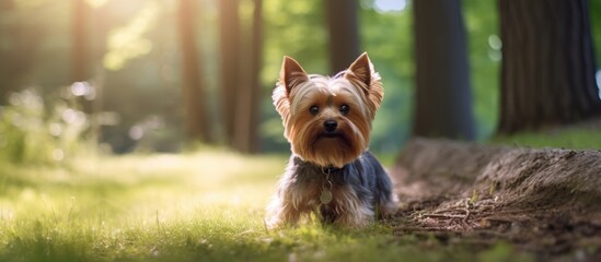 Poster - The tiny canine is peacefully seated on the green lawn enjoying the outdoors