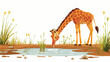 Giraffe drinking water from the puddle illustration