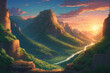 Green canyon in the twilight at sunset. In anime style
