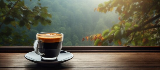 Canvas Print - A delicious cup of coffee sits on a small saucer placed on a rustic wooden table, creating a cozy and inviting scene