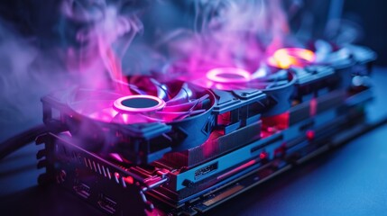 Close up of a computer motherboard emitting smoke, indicating a malfunction or hardware failure