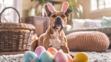 Boxer Dog Wearing Bunny Ears With Easter Eggs - An Adorable Boxer Dog Poses With Floppy Bunny Ears Amid A Spread Of Vibrant Easter Eggs