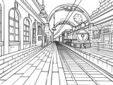 Fototapeta Natura - Old train station with a small building. Children's style coloring book. Black and white. 