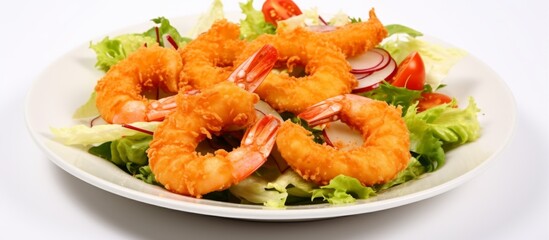 Wall Mural - Platter showcasing appetizing shrimp and fresh lettuce placed on a clean white plate