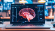 Futuristic Brain Imaging: Exploring Neuroanatomy.  On the screen of a laptop, a sagittal slice of a brain reveals details such as the corpus callosum, brainstem, cerebellum, and the main lobes