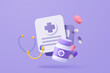 3d first aid medicine with check list for health pharmaceutical. Cartoon minimal of first aid and health care. Medical symbol of emergency help. 3d pharmacy drug icon vector render illustration