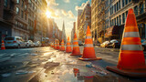Fototapeta  - A row of orange traffic cones sits on the side of the road, serving as a safety barrier for drivers