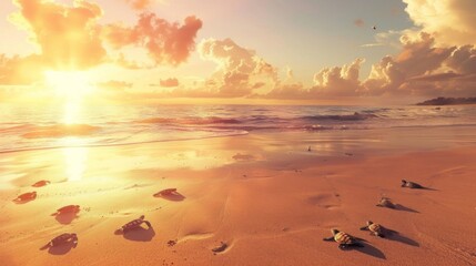 Wall Mural - The sun is setting on a beach, casting a warm glow over the sand covered in footprints