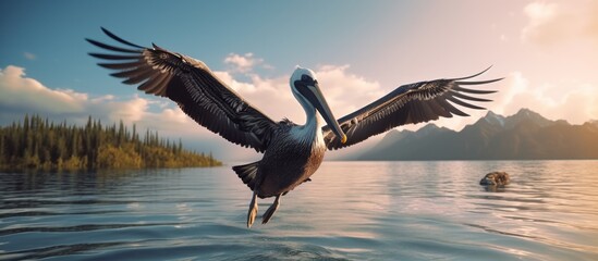 Wall Mural - A majestic bird soaring gracefully through the sky above the shimmering water surface on a tranquil day