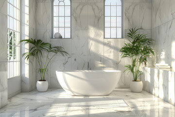 Poster - A large white bathtub sits in a bathroom with two potted plants