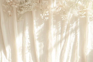 Wall Mural - Boho wedding backdrop with natural light shadows on beige linen cloth texture. 