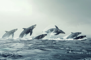 Wall Mural - A group of dolphins jumping out of the water