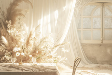 Poster - Boho wedding backdrop with natural light shadows on beige linen cloth texture. 