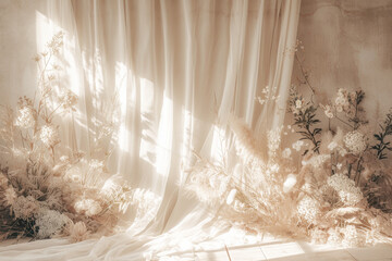 Poster - Boho wedding backdrop with natural light shadows on beige linen cloth texture. 