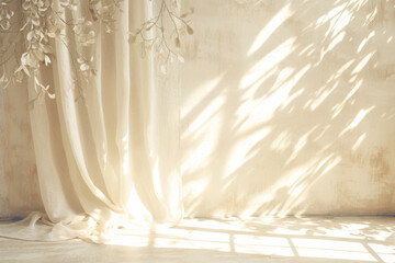 Poster - Boho wedding backdrop with natural light shadows on beige linen cloth texture. 