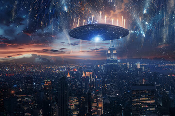 Poster - A cityscape with a large building in the background and a UFO flying over it