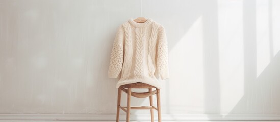 Poster - A cozy knitted sweater is casually draped over the back of a wooden chair, set in a clean and minimalistic white room