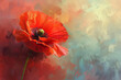 A red poppy flower is the main focus of the painting