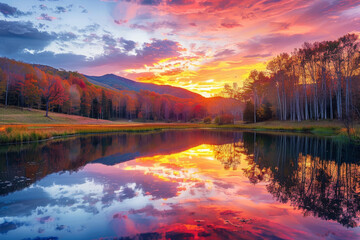 Wall Mural - A beautiful sunset over a lake with trees in the background