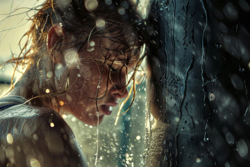 Wall Mural - A woman is standing in the rain with her hair wet