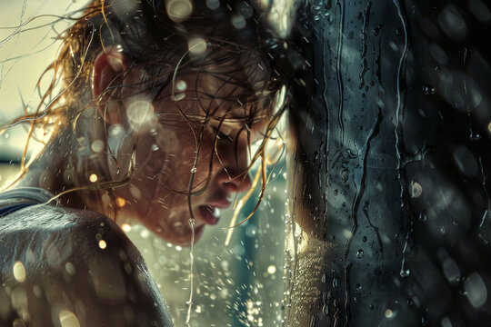 A woman is standing in the rain with her hair wet
