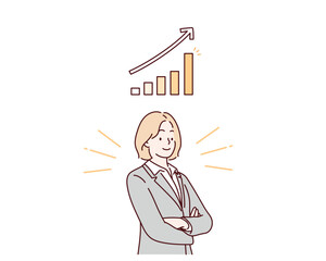 Businesswoman with Growing graph. Hand drawn style vector design illustrations.