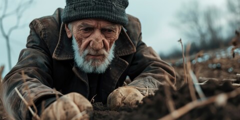 Wall Mural - Man in hat and coat is digging in dirt