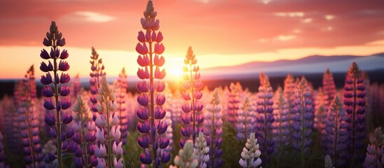 Canvas Print - Purple wildflowers bloom abundantly in a grassy field as the sun gently sets in the background