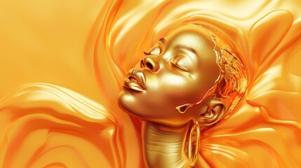 Wall Mural -   Digital painting of a woman with gold hair and earrings on a yellow silk fabric background