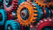   A detailed shot of several layered gears in a room brimming with machinery