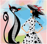 Fototapeta Maki - composition with a woman lady and a black and white cat