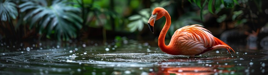 Wall Mural - Flamingos stand in the water looking for food and have their legs in the water.