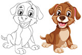 Fototapeta Las - Two cartoon dogs, one colored and one outlined.