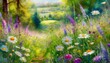 field of wildflowers spring scene where meadow flowers and daisies create a whimsical  invoking tapestry amidst the verdant grass, invoking feelings of joy and tranquility.