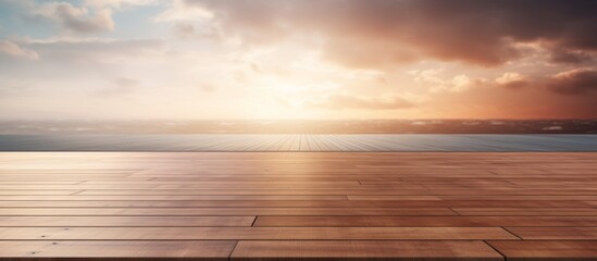 Sticker - A warm evening scene featuring a wooden floor under a colorful sky during sunset, creating a tranquil atmosphere