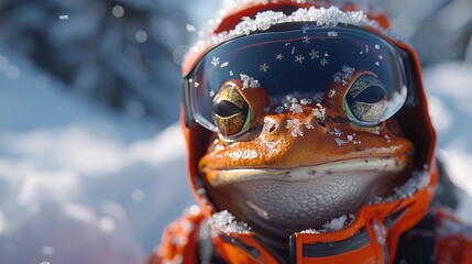 Wall Mural -   A close-up photo of a frog wearing a coat and goggles, with snow covering the tops of the goggles