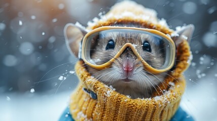   A mouse wearing both goggles and a knitted hat with a hood over its head