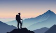 Silhouette rock The silhouette of a lone hiker stands atop a mountain peak at dawn, surrounded by the awakening lightclimbing background 1
