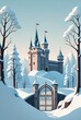 Winter cartoon fairytale landscape with royal castle in forest covered with snow vector landscape of medieval fortress with gate and towers surrounded