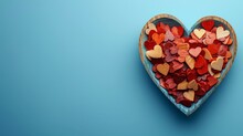   Heart-shaped Bowl Filled With Red Hearts On A Blue Background And A Spoon In The Center