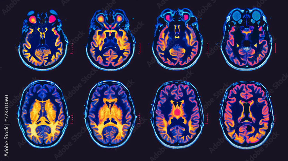A composite image of brain scans from an MRI, vividly colored to ...