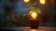 A small plant is growing in a pot, plant in a small pot with light bulb behind the pot, generative ai