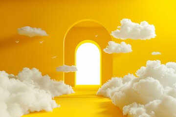Wall Mural - abstract minimal yellow background with white clouds flying out the tunnel 