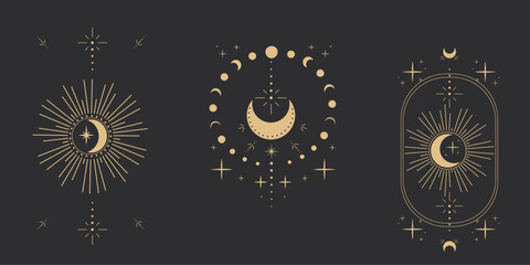 Wall Mural - Set gold moon celestial tattoo or tarot astrology magic element with rays, stars, burst minimal line border or decoration isolated on dark background. Space symbols, emblem.