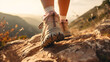 The lifestyle of a hiker, enjoying the great outdoors, walking leisurely through tracks. -  Close-up of hiking boots on a mountain trail, symbolizing the passion for fitness and outdoor adventure