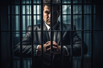 Wall Mural - Businessman and politician corrupt oldman prisoner in orange uniform holds hands on metal bars, looking at camera. Standing, sitting behind prison bars.	
