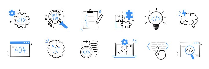 Software code icon doodle set. Hand drawn line sketch software coding doodle. Computer program build technology, data operate, application product test icon. Program build vector illustration