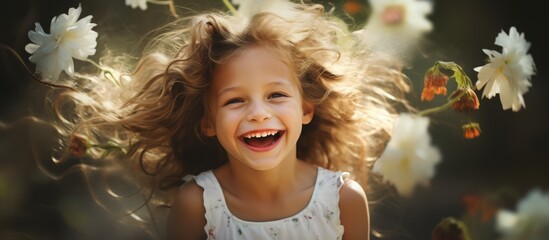 Canvas Print - Young girl with lengthy hair expresses happiness while standing in a picturesque field filled with vibrant flowers